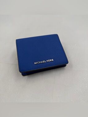 Michael Kors Electric Blue Saffiano Leather Card Case with Silver Logo